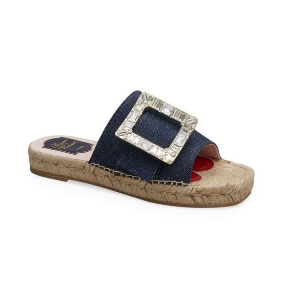 ROGER VIVIER Crystal & Denim Espadrille Slides Women’s Size 36.5 (6.5)